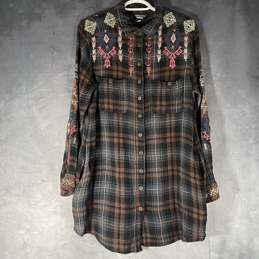 Johnny WAS Women's M Plaid Button Down Shirt Tunic  Length‎ Pockets Embroidered